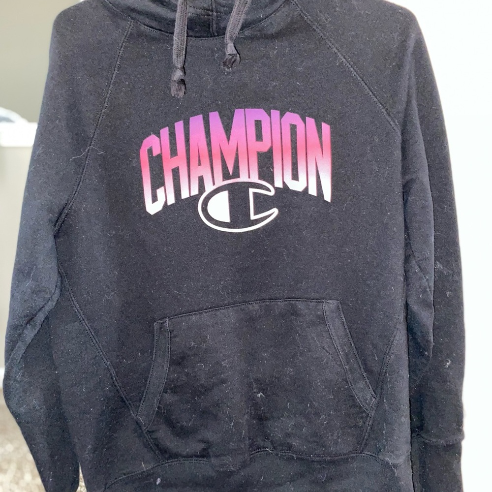 Champion Black Hoodie with Purple Gradient Logo